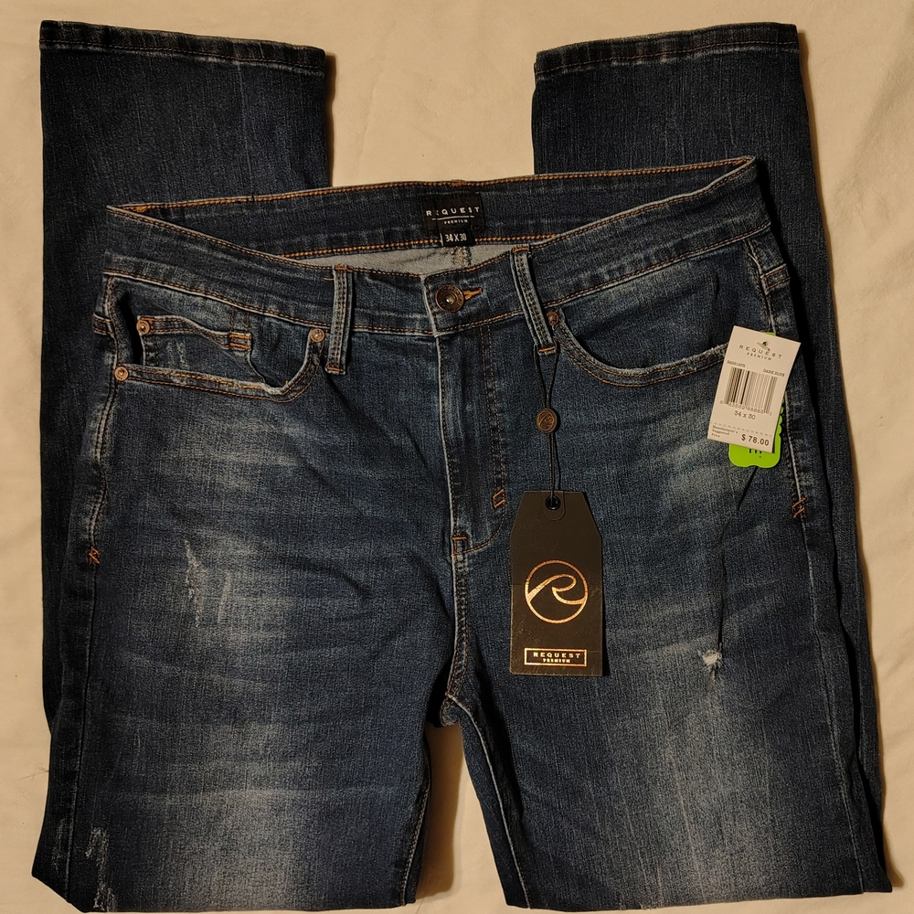 Request Premium Slim Fit Tapered Leg Dark Blue Wash Men's Jeans Size 34 X 30 NWT